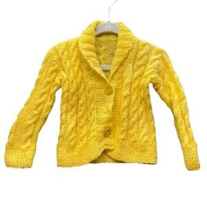 Hand-Knit Child Buttoned Cardigan Braided Cable‎ Sweater-Unisex Solid Yellow